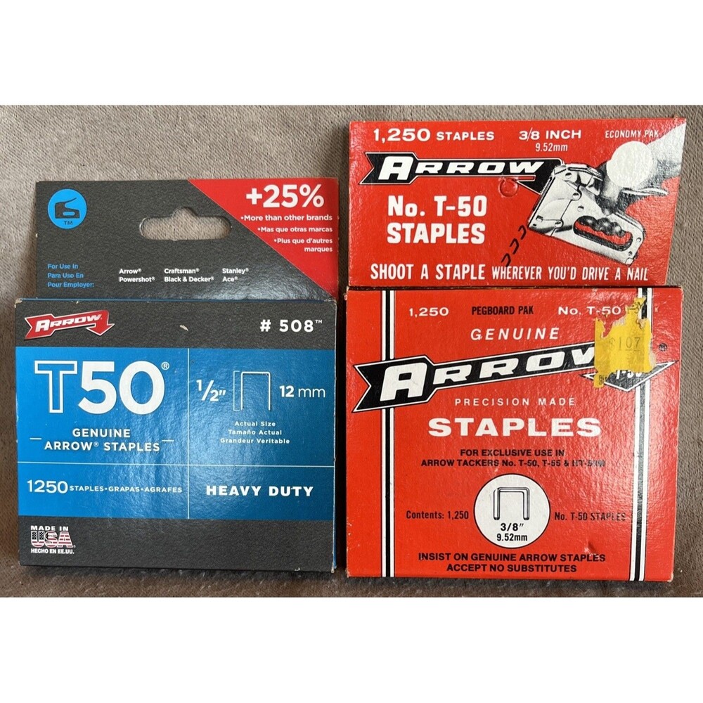 2 NEW NOS Vintage Arrow Staples T-50 1,250 per box 1/2” & 3/8” Both Full Boxes